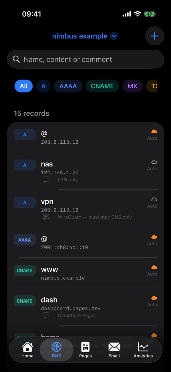 DNS records in dark mode